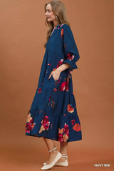 Umgee Floral Print Tiered Midi Dress with Puff Sleeves