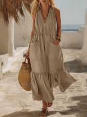 Full Size Sleeveless Zipper Front Pocket Ruffle Hem Maxi Dress Plus Size