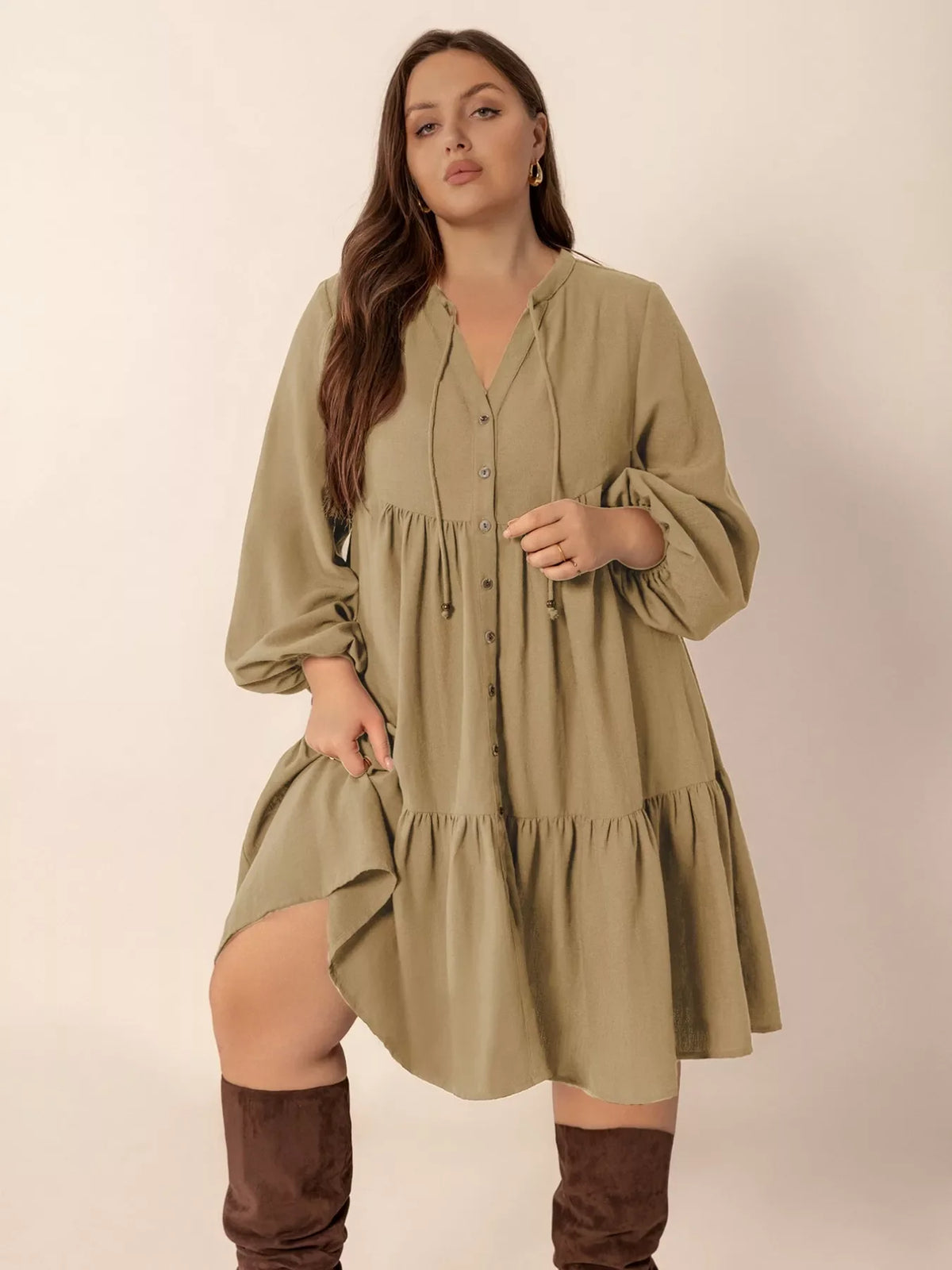 Plus Size Tie Neck Balloon Sleeve Dress