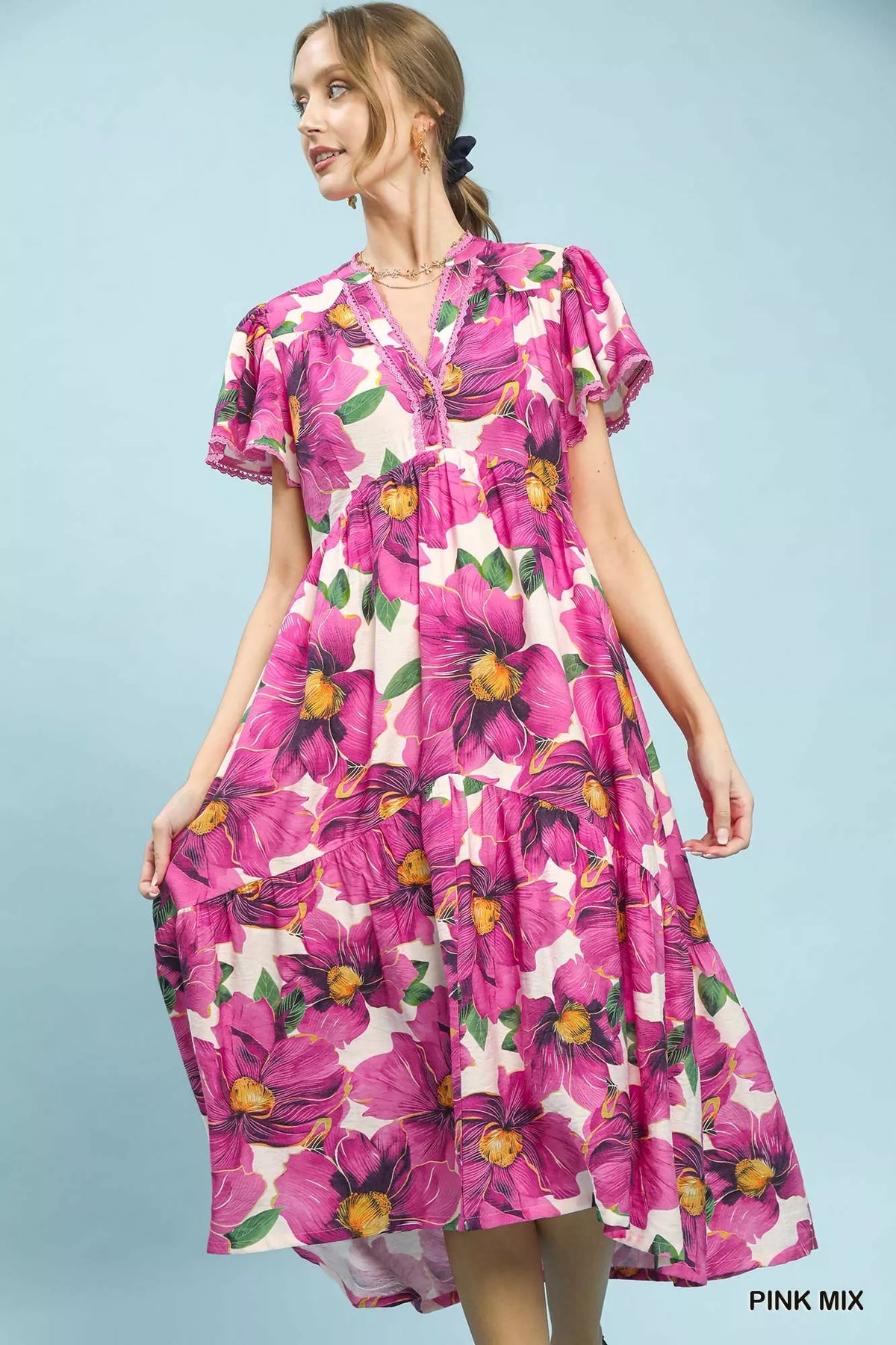 Umgee Tropical Floral V-Neck Flutter Sleeve Tiered Midi Dress