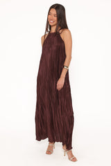 Melody Plisse Halter Maxi Dress - Brown