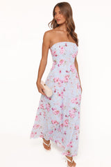 Vegas Strapless Maxi Dress - Blue Floral